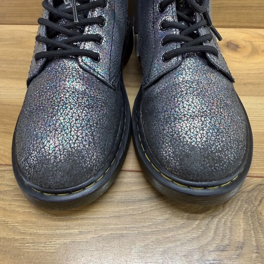 Dr Martens Combat Boots Girls Size 2 Metallic Pewter Leather Lace‎ Up